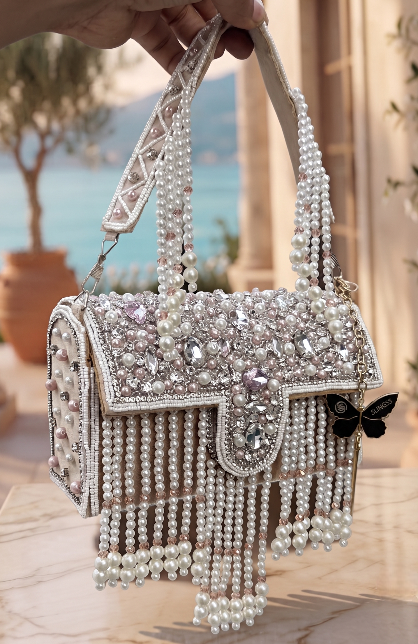 Slingss Luxury Range White Beads Hanging Diamond Embroidered Partywear Handbag For Ladies With Handle