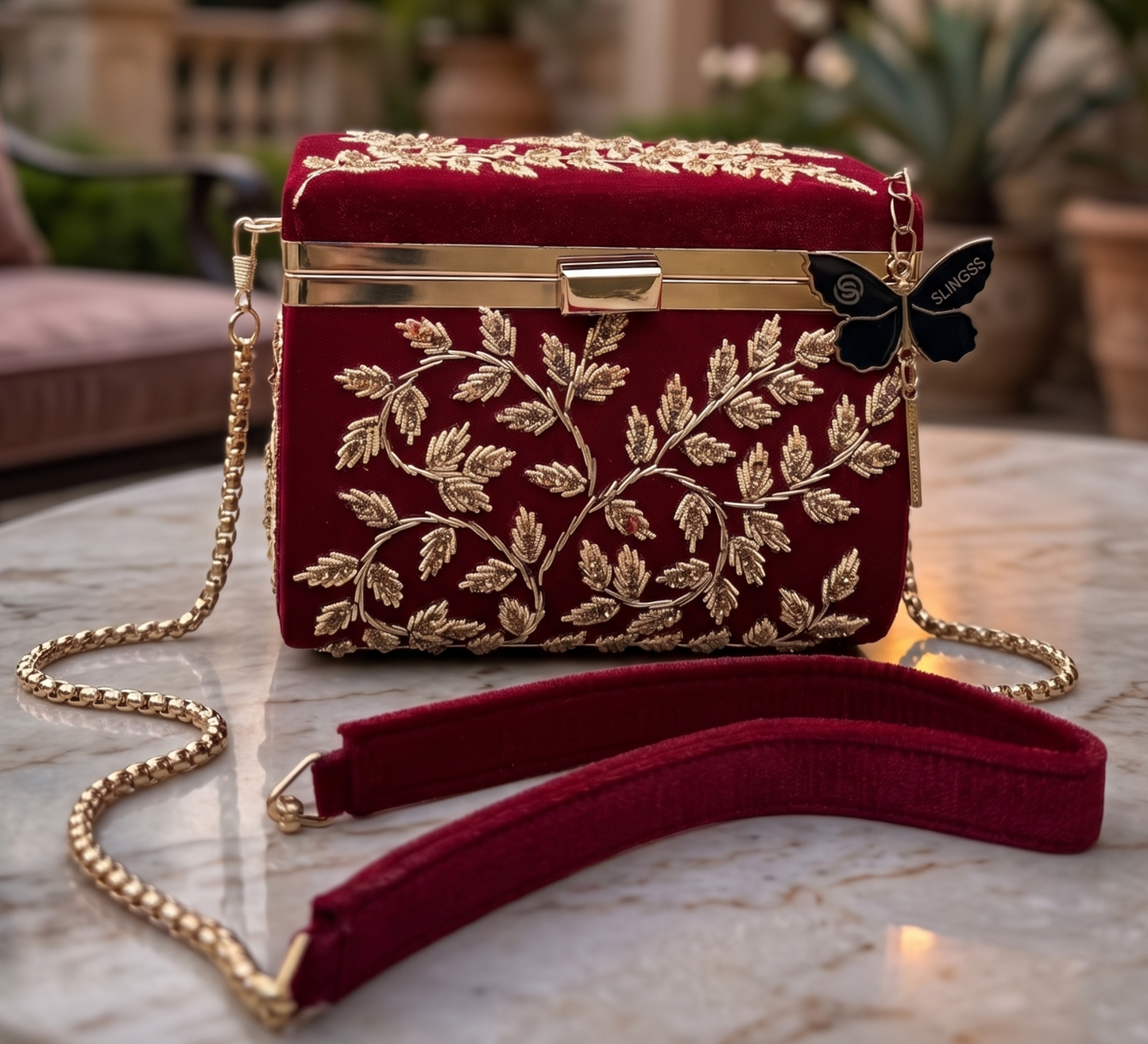 Slingss Luxury Range Boxy Embroidered Partywear Handbag For Ladies With Chain Handle And Belt