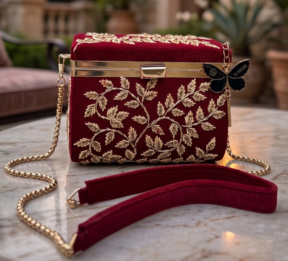 Slingss Luxury Range Boxy Embroidered Partywear Handbag For Ladies With Chain Handle And Belt