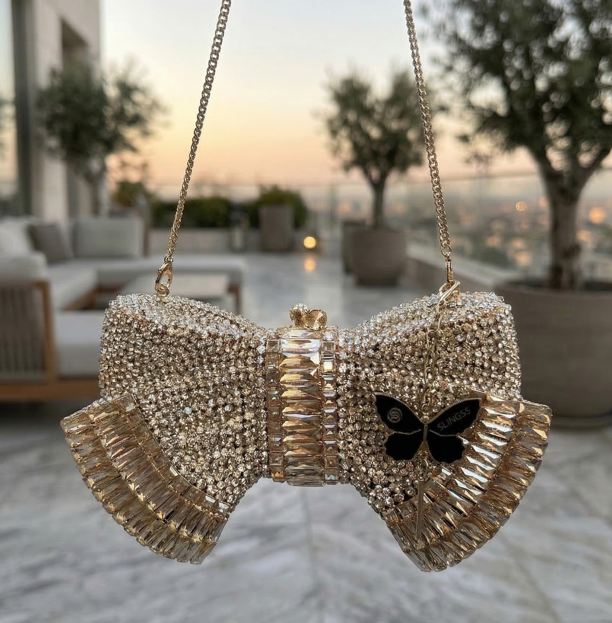 Slingss Super Luxury Butterfly Shape Exclusive Crystal Partywear Handbag For Ladies With Chain
