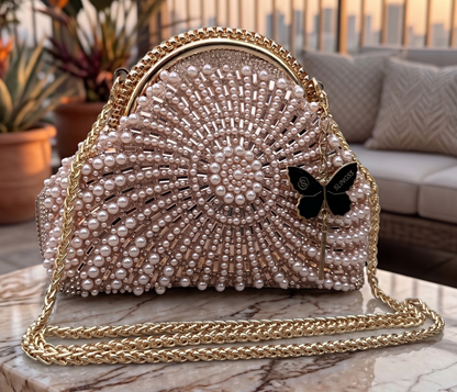 Slingss Luxury Range Snail Shape Pearl Partywear Handbag For Ladies With Long Chain