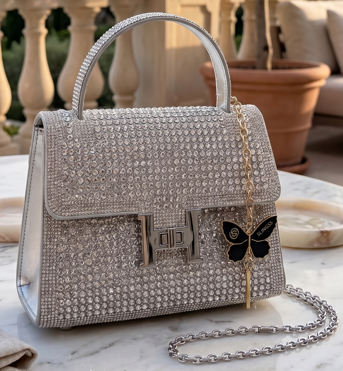 Slingss Luxury Range Exclusive Diamond Studded Partywear handbag For Ladies With Long Chain