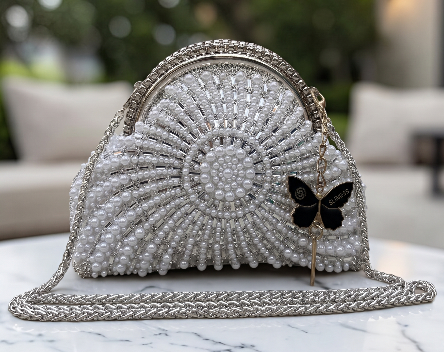 Slingss Luxury Range Snail Shape Pearl Partywear Handbag For Ladies With Long Chain