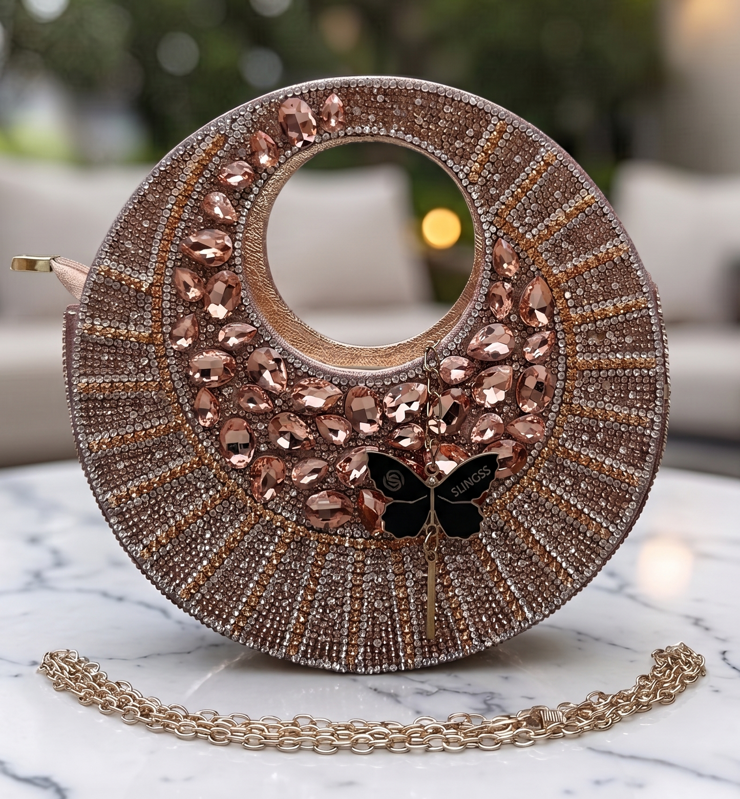 Slingss Luxury Range Full Moon Diamond Embroidered Partywear Handbag For Ladies With Handle & Long Chain
