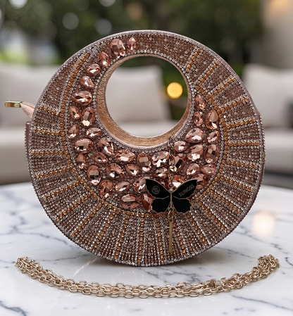 Slingss Luxury Range Full Moon Diamond Embroidered Partywear Handbag For Ladies With Handle & Long Chain