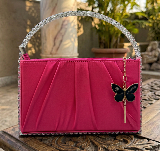 Slingss Exclusive Premium Boxy Shape Partywear Metal Handle Diamond Embroidered Handbag For Ladies