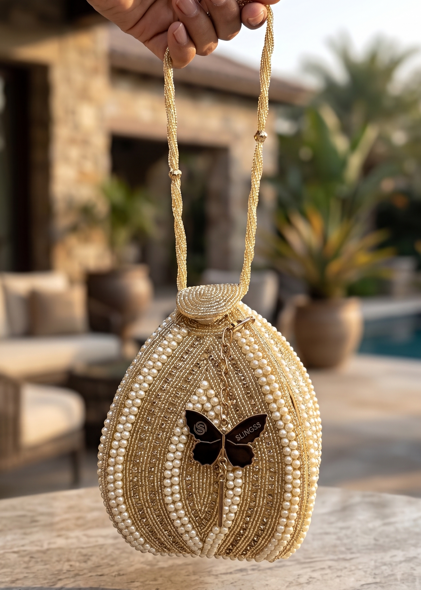Slingss Exclusive Premium Lotus Shape Partywear Embroidered Handbag For Ladies