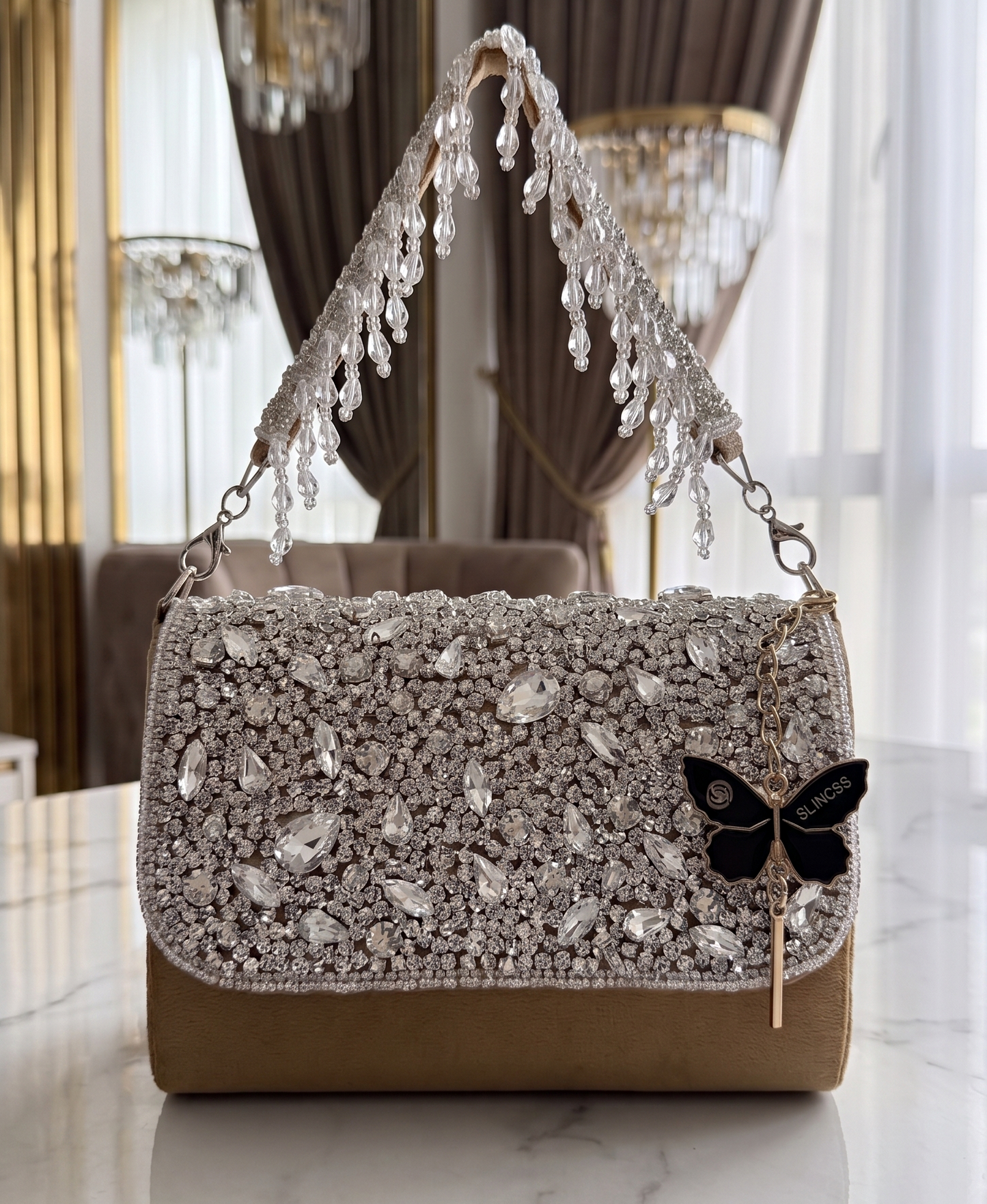 Slingss Luxury Range Diamond Embroidered Partywear Handbag For Ladies With Handle