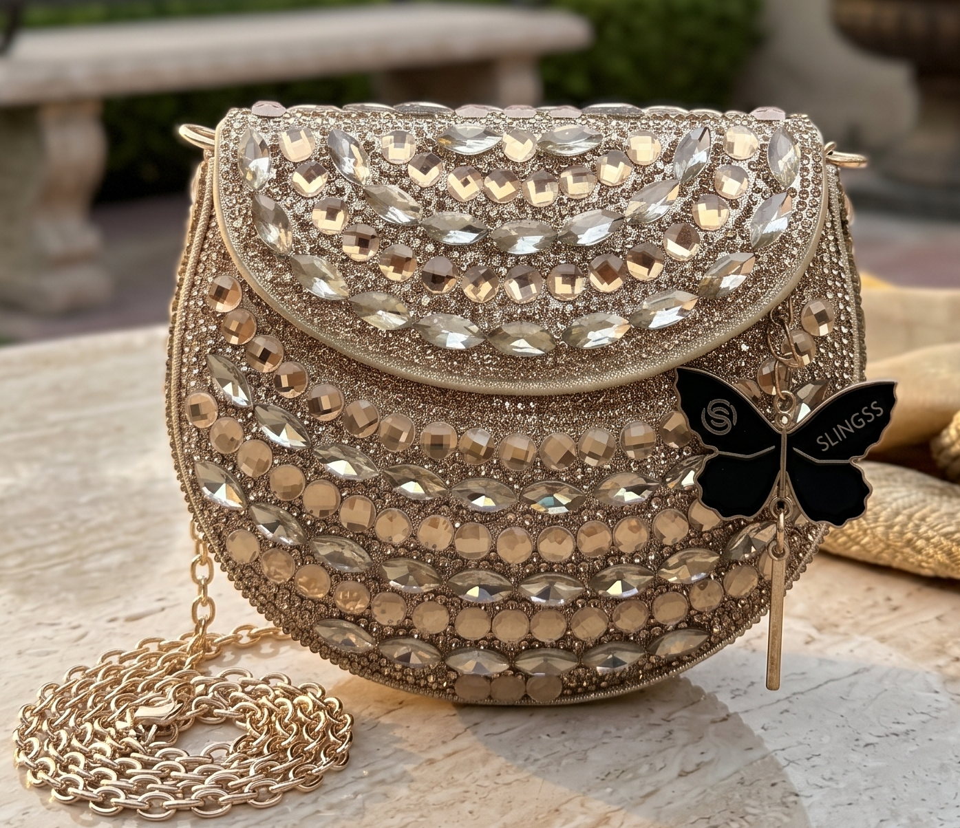 Slingss Luxury Range Small Size Diamond Embroidered Partywear Handbag For Ladies With Handle & Long Chain