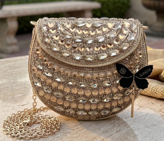Slingss Luxury Range Small Size Diamond Embroidered Partywear Handbag For Ladies With Handle & Long Chain