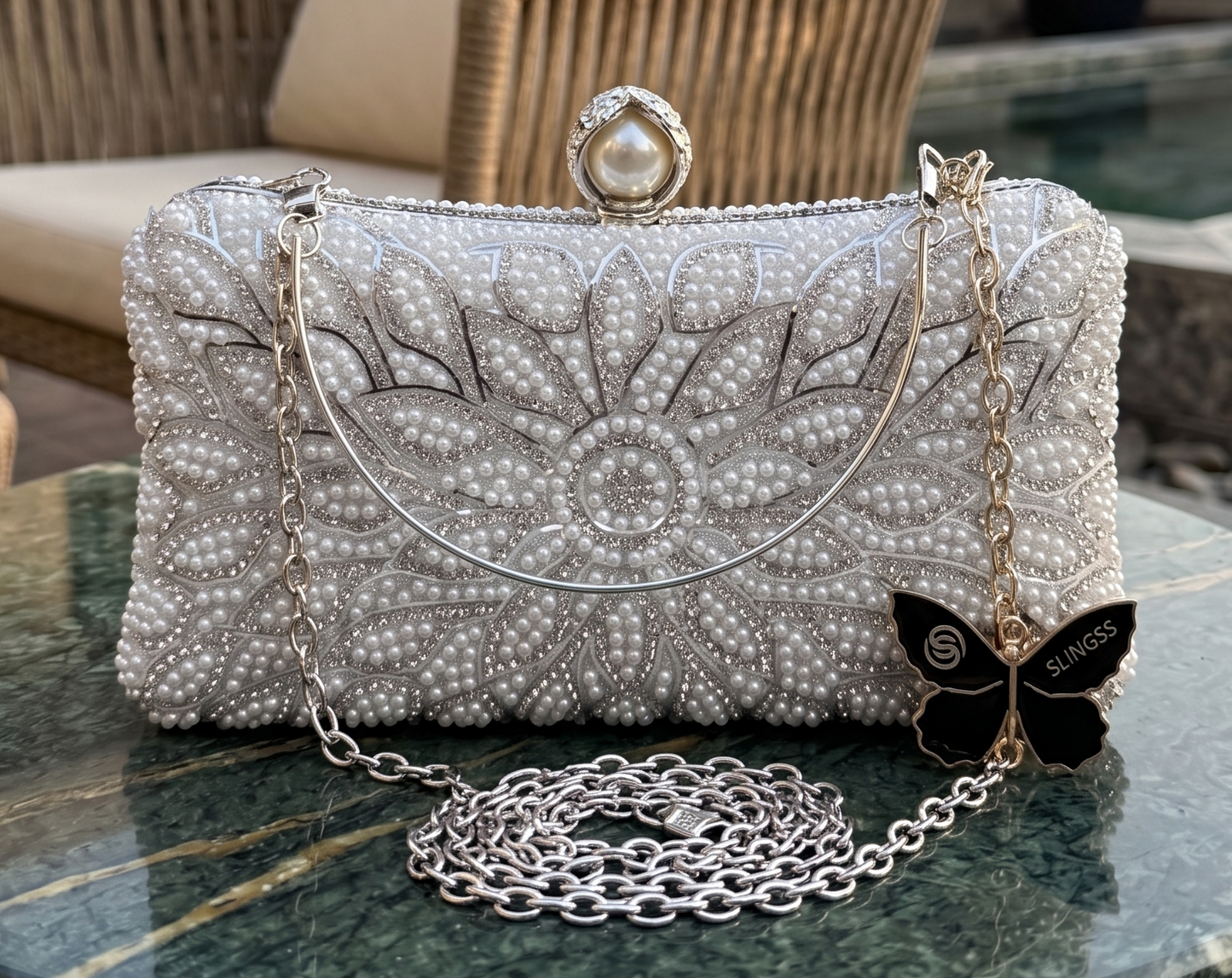 Slingss Exclusive Premium Partywear Pearl Embroidered Clutch For Ladies With Handle & Long Chain