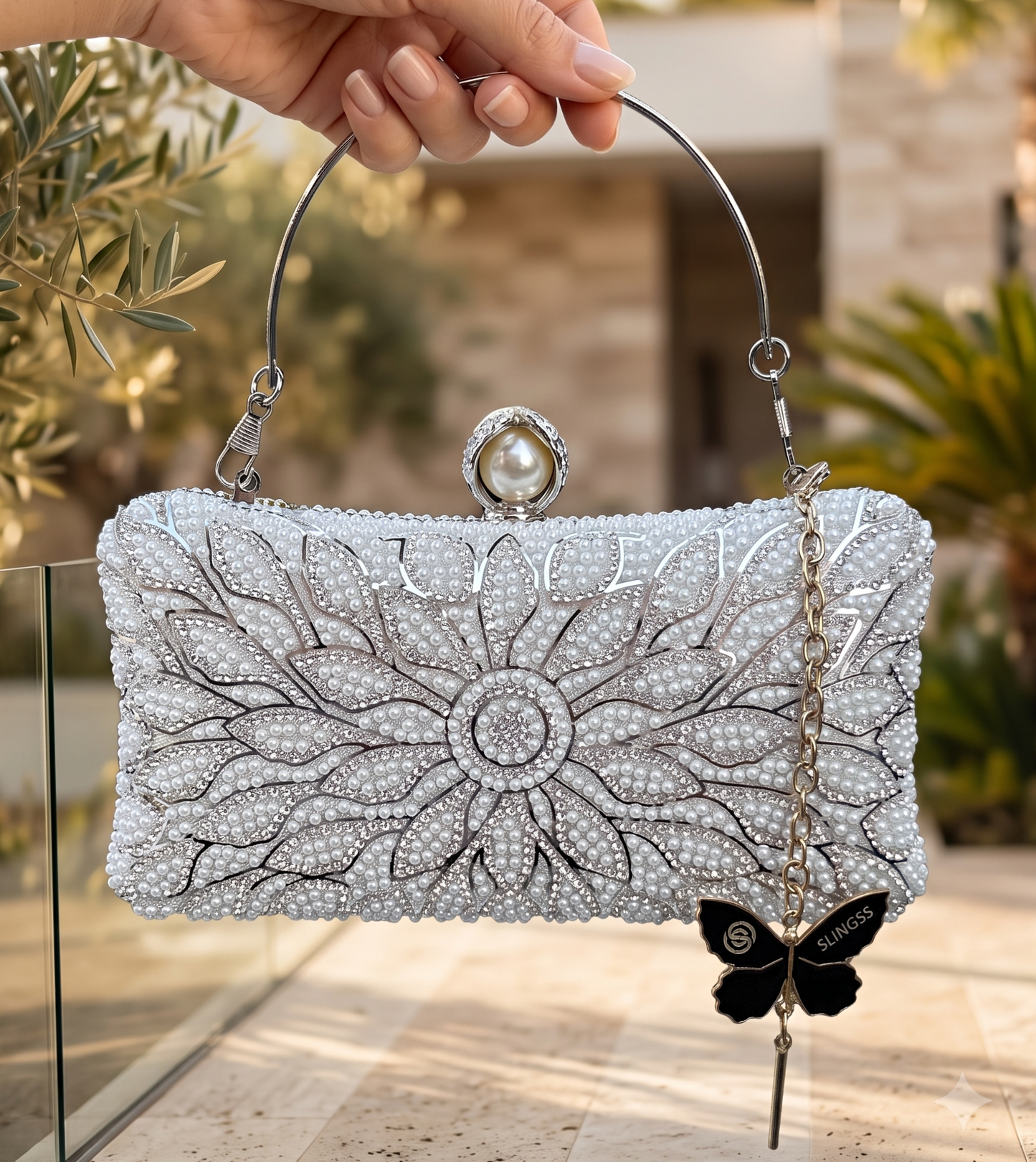 Slingss Exclusive Premium Partywear Pearl Embroidered Clutch For Ladies With Handle & Long Chain
