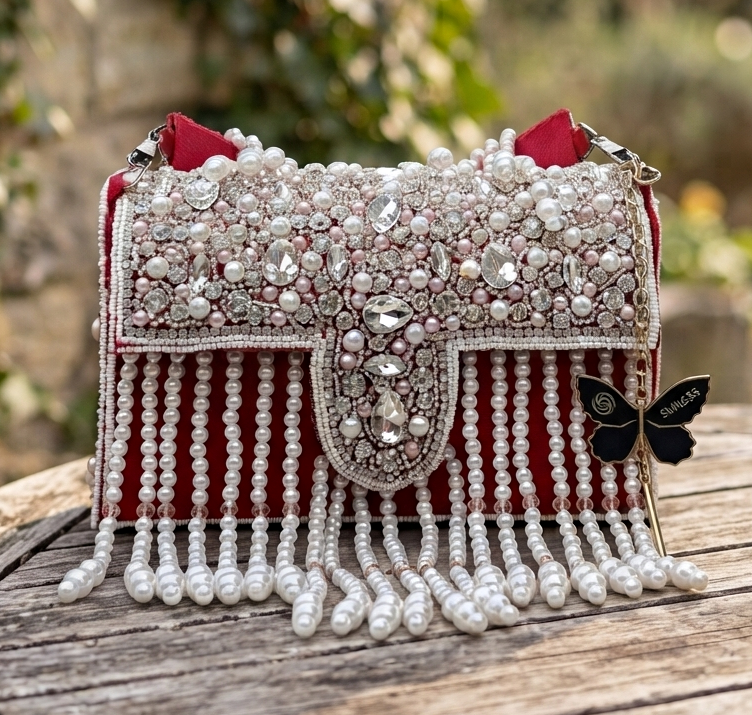 Slingss Luxury Range White Beads Hanging Diamond Embroidered Partywear Handbag For Ladies With Handle