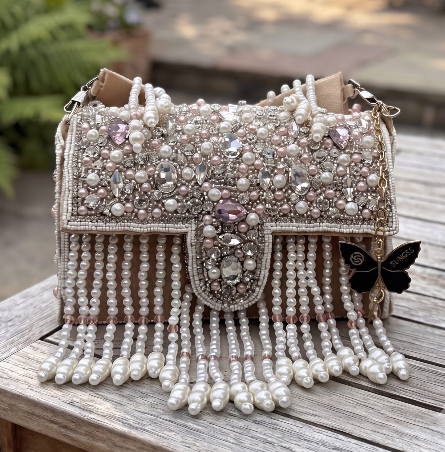 Slingss Luxury Range White Beads Hanging Diamond Embroidered Partywear Handbag For Ladies With Handle