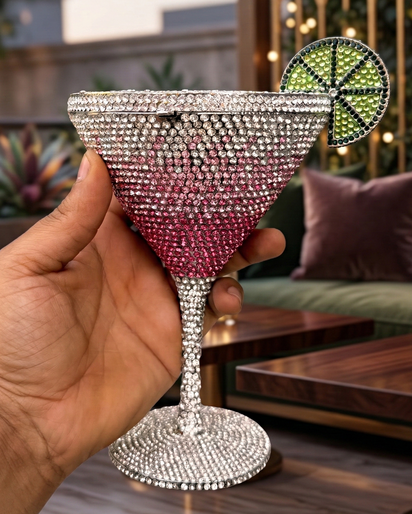 Slingss Super Luxury Wine Shape Exclusive Crystal Partywear Handbag For Ladies With Chain