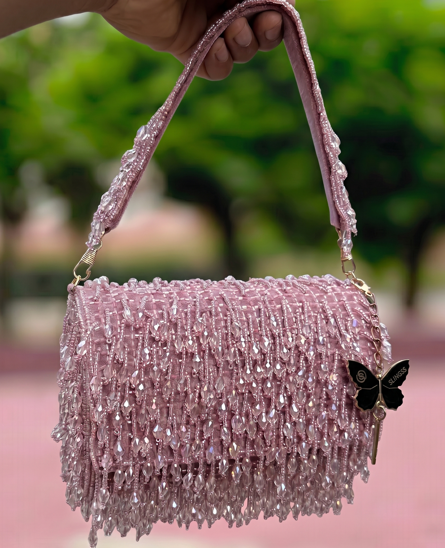 Slingss Luxury Range Crystal Full Jhallar Embroidered Partywear Purse For Ladies With Handle