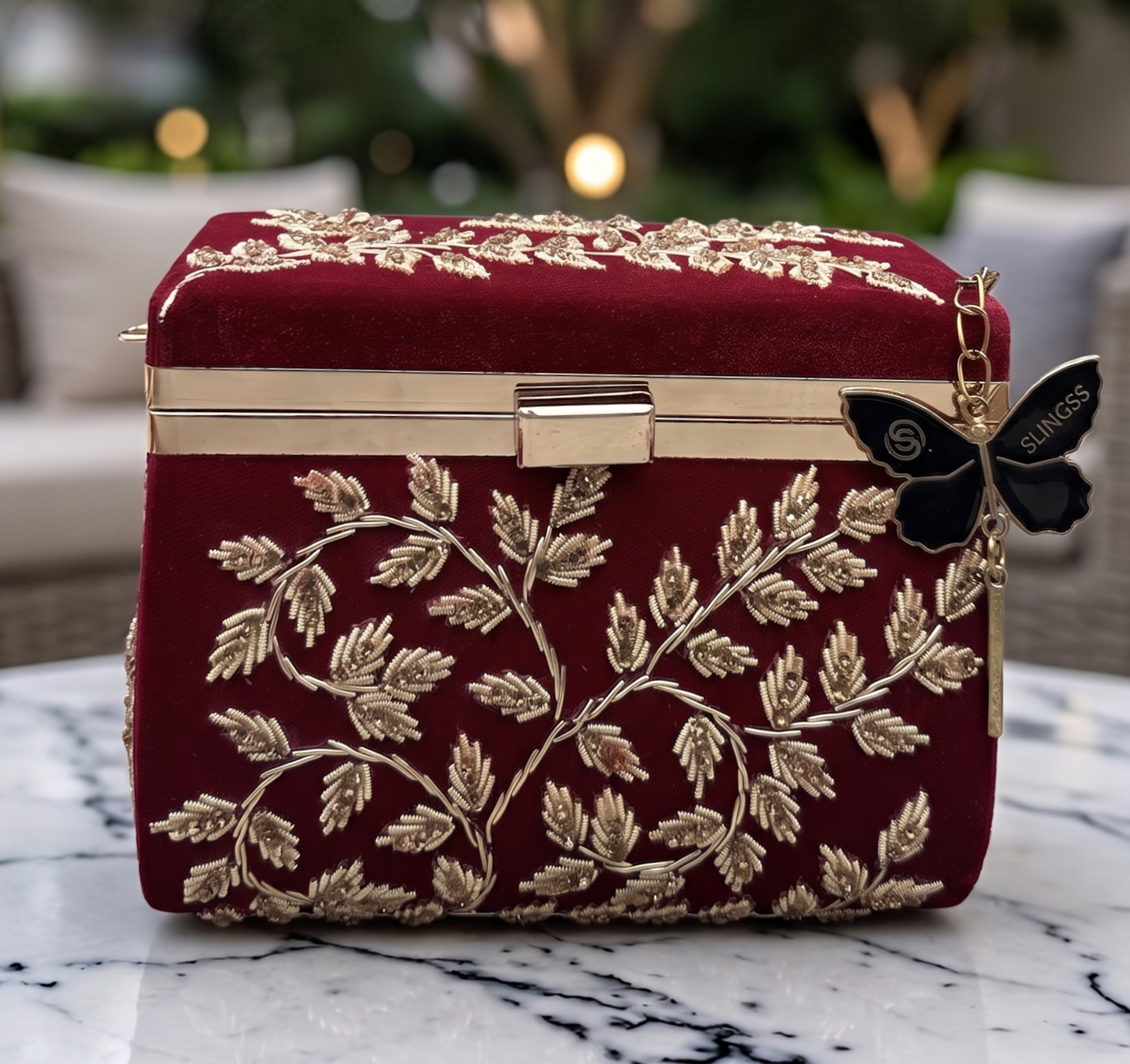 Slingss Luxury Range Boxy Embroidered Partywear Handbag For Ladies With Chain Handle And Belt