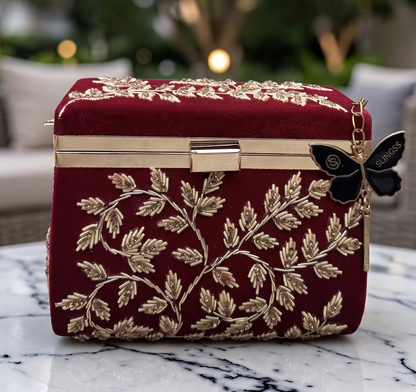Slingss Luxury Range Boxy Embroidered Partywear Handbag For Ladies With Chain Handle And Belt