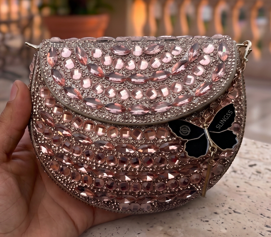 Slingss Luxury Range Small Size Diamond Embroidered Partywear Handbag For Ladies With Handle & Long Chain