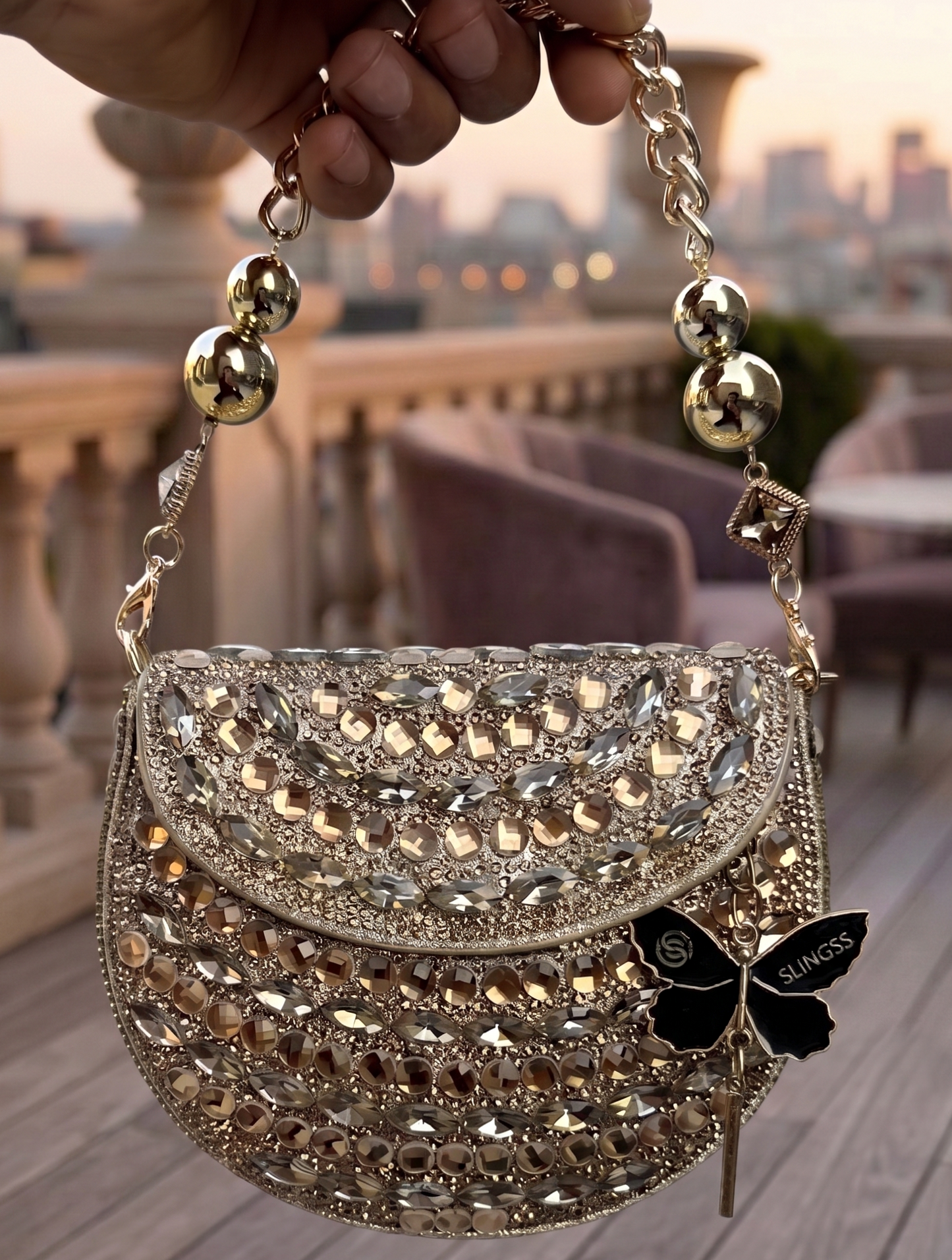Slingss Luxury Range Small Size Diamond Embroidered Partywear Handbag For Ladies With Handle & Long Chain