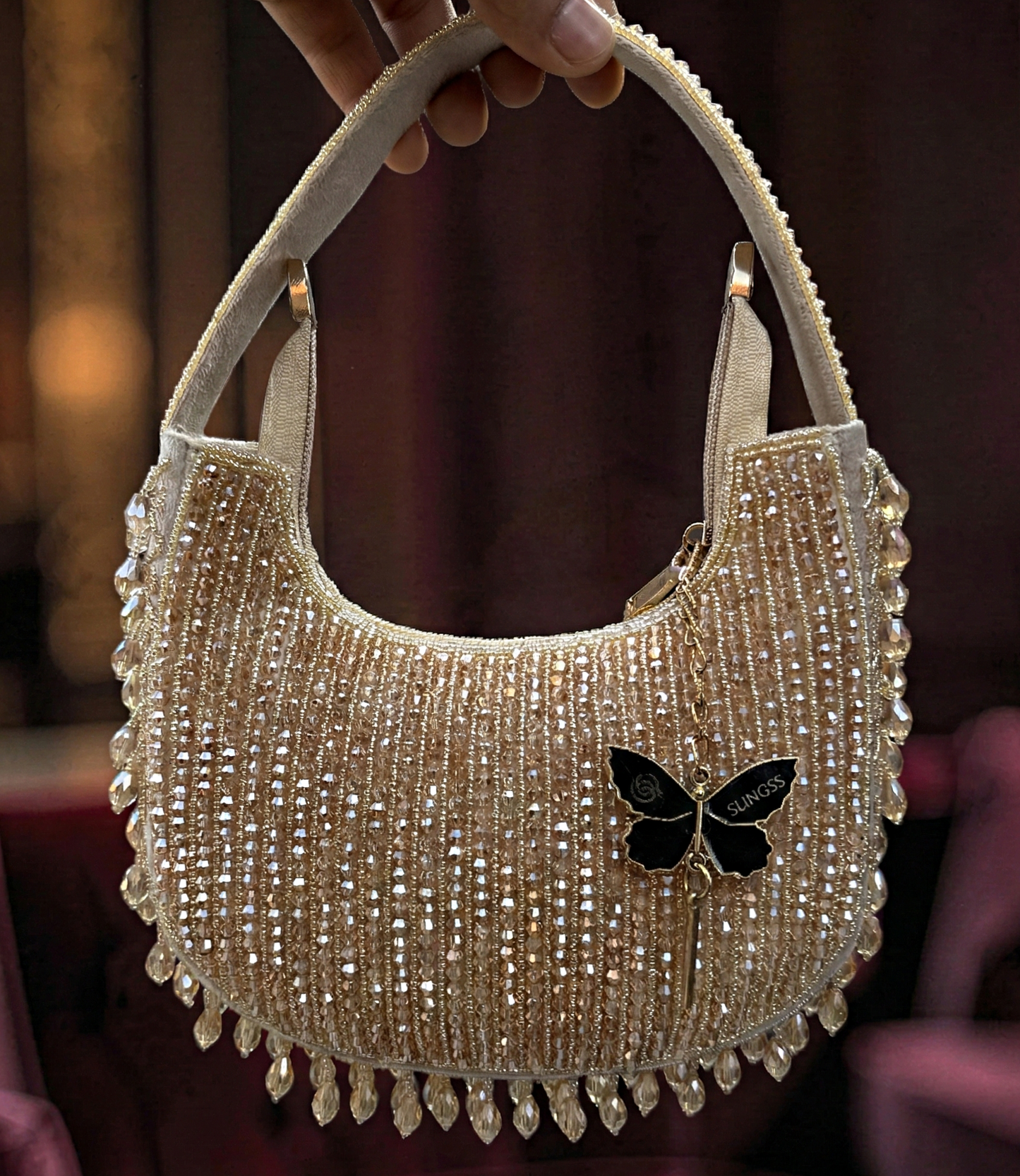 Slingss Luxury Range Half Moon Crystal Jhallar Embroidered Partywear Purse For Ladies With Handle