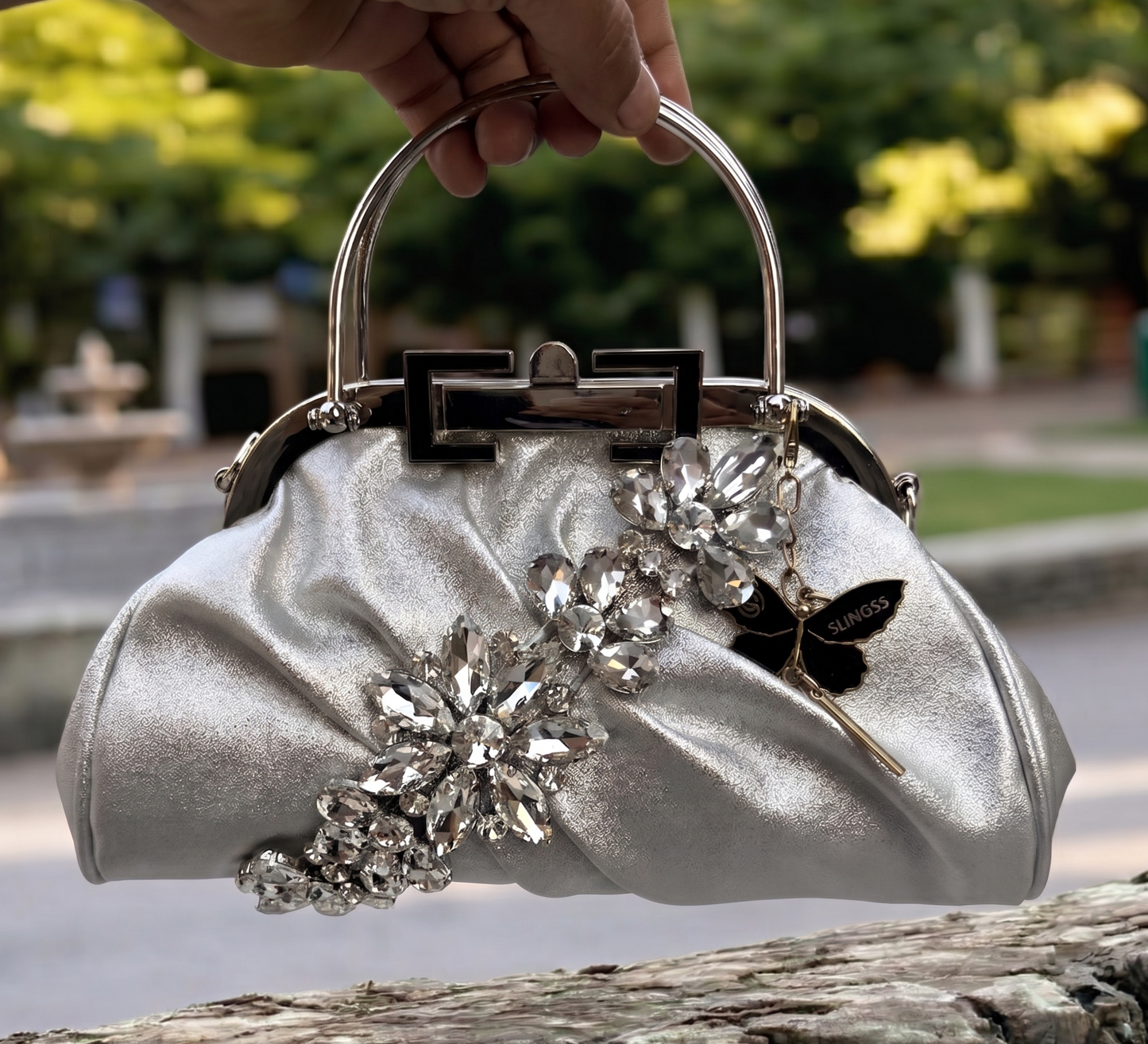 Slingss Luxury Range Diamond Embroidered Partywear handbag With Handle & Long Chain