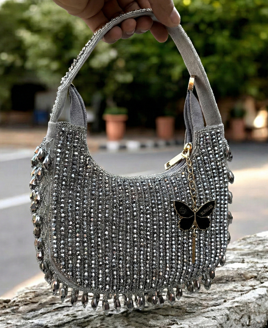 Slingss Luxury Range Half Moon Crystal Jhallar Embroidered Partywear Purse For Ladies With Handle