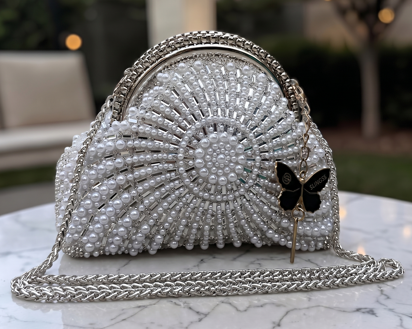 Slingss Luxury Range Snail Shape Pearl Partywear Handbag For Ladies With Long Chain