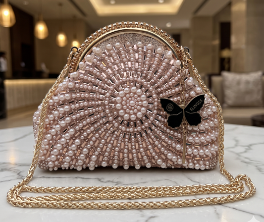 Slingss Luxury Range Snail Shape Pearl Partywear Handbag For Ladies With Long Chain