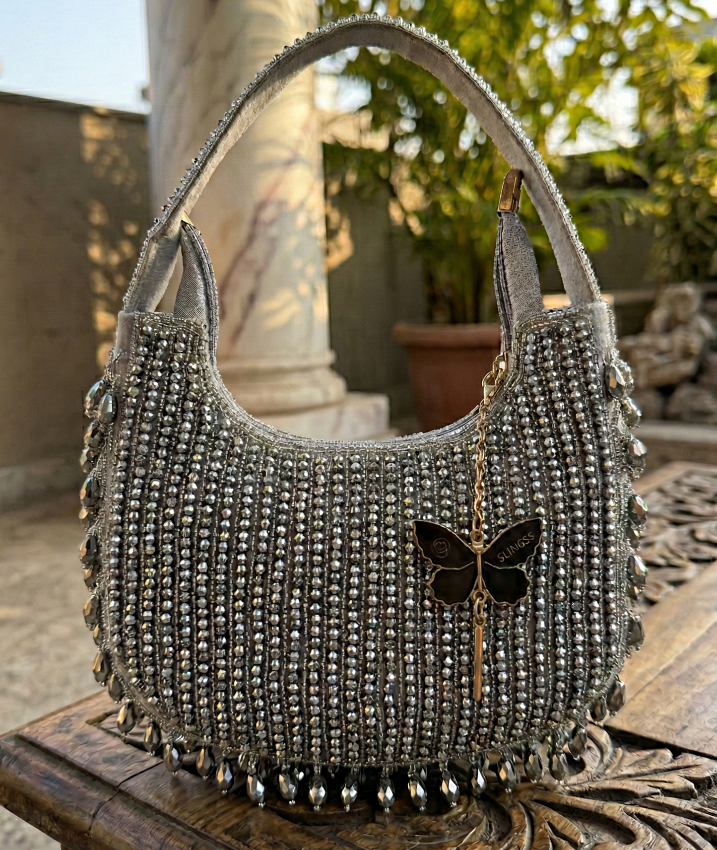 Slingss Luxury Range Half Moon Crystal Jhallar Embroidered Partywear Purse For Ladies With Handle