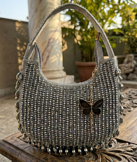 Slingss Luxury Range Half Moon Crystal Jhallar Embroidered Partywear Purse For Ladies With Handle