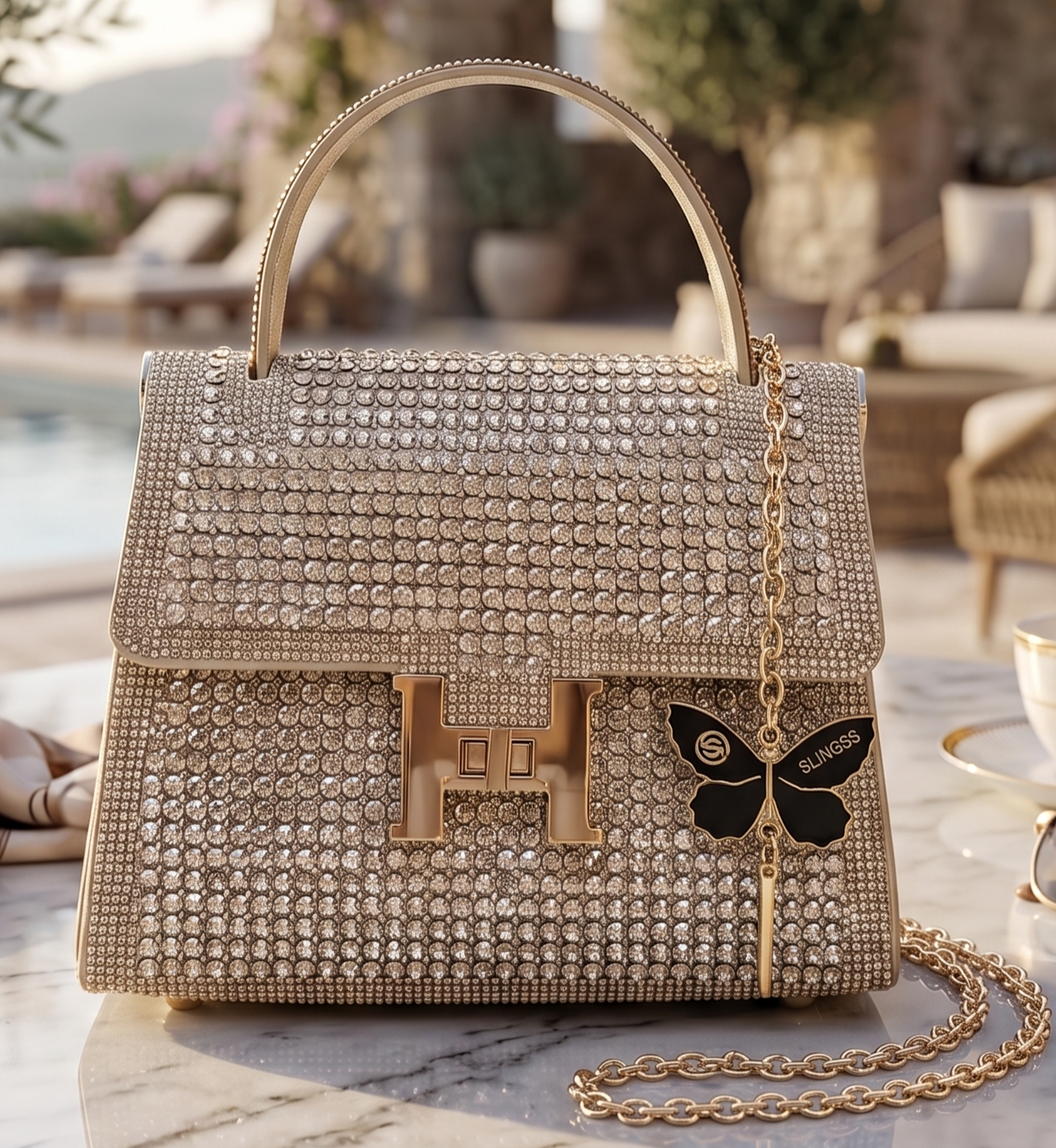 Slingss Luxury Range Exclusive Diamond Studded Partywear handbag For Ladies With Long Chain