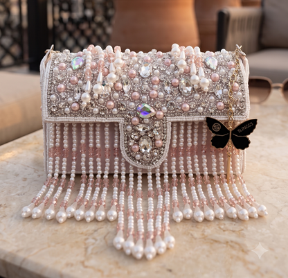 Slingss Luxury Range White Beads Hanging Diamond Embroidered Partywear Handbag For Ladies With Handle