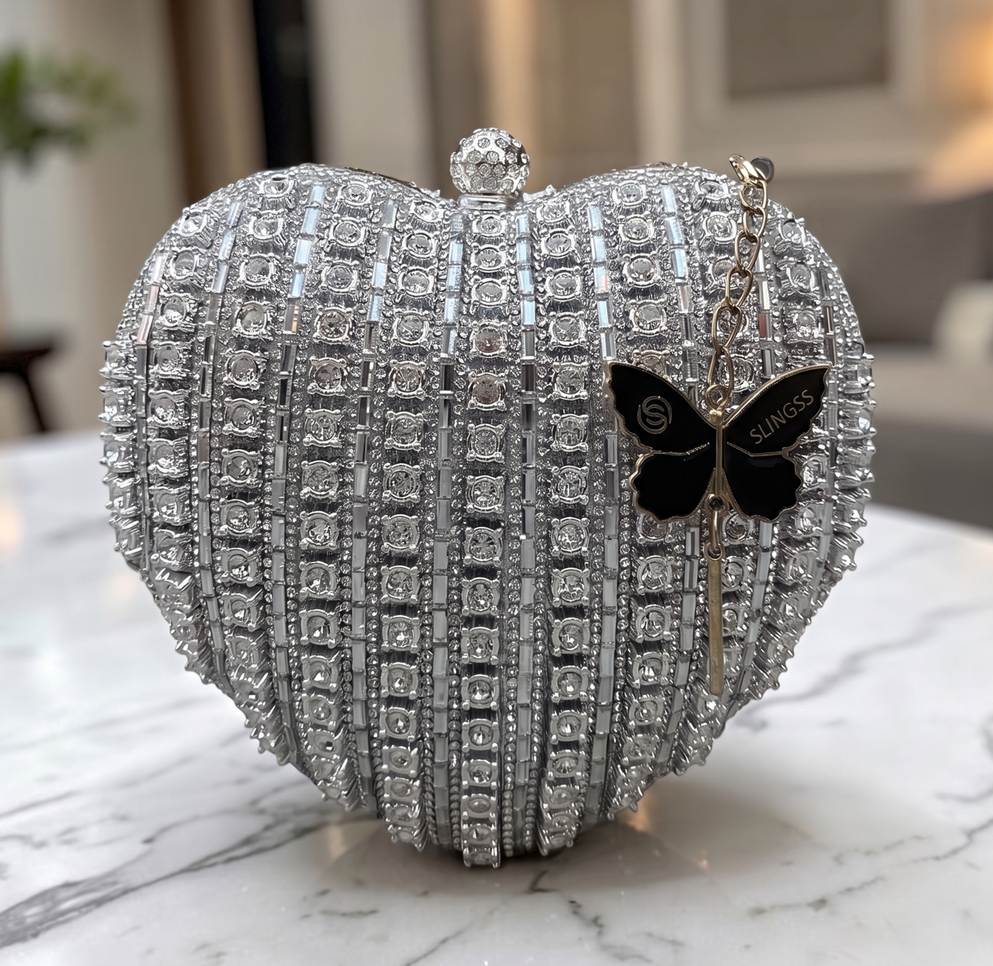 Slingss Exclusive Premium Heart Shape Partywear Diamond Embroidered Clutch For Ladies With Handle & Long Chain