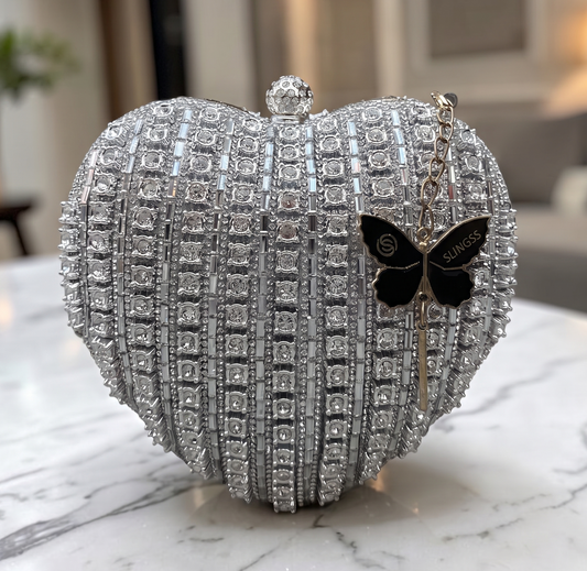 Slingss Exclusive Premium Heart Shape Partywear Diamond Embroidered Clutch For Ladies With Handle & Long Chain