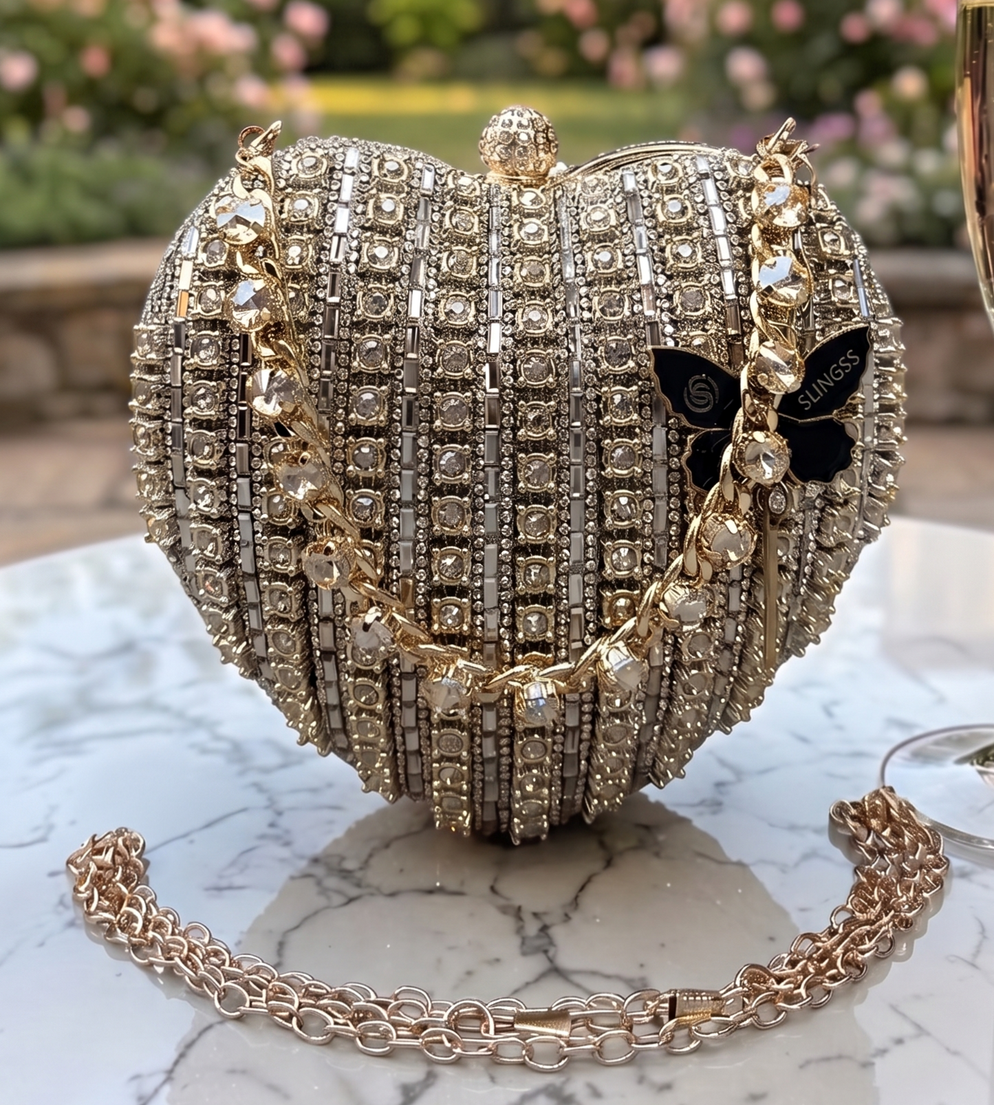 Slingss Exclusive Premium Heart Shape Partywear Diamond Embroidered Clutch For Ladies With Handle & Long Chain
