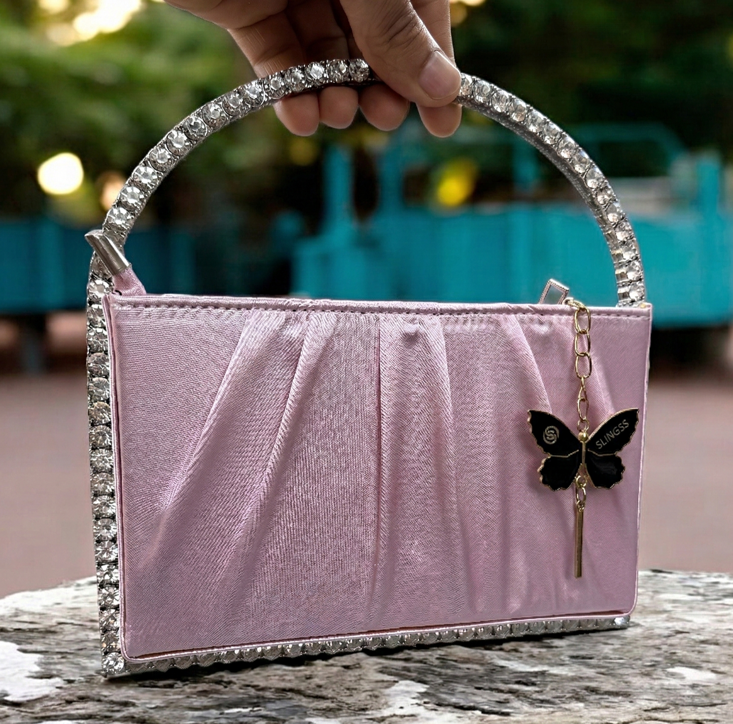 Slingss Exclusive Premium Boxy Shape Partywear Metal Handle Diamond Embroidered Handbag For Ladies