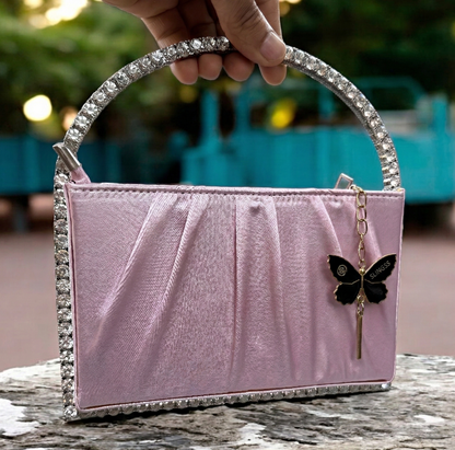 Slingss Exclusive Premium Boxy Shape Partywear Metal Handle Diamond Embroidered Handbag For Ladies
