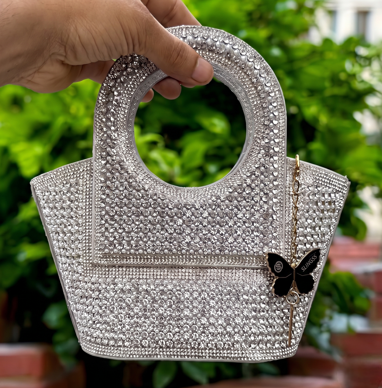 Slingss Luxury Range Exclusive Diamond Studded Partywear Basket Shaped handbag For Ladies With Long Chain