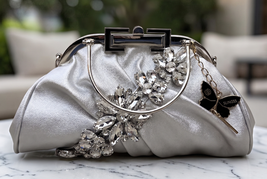 Slingss Luxury Range Diamond Embroidered Partywear handbag With Handle & Long Chain