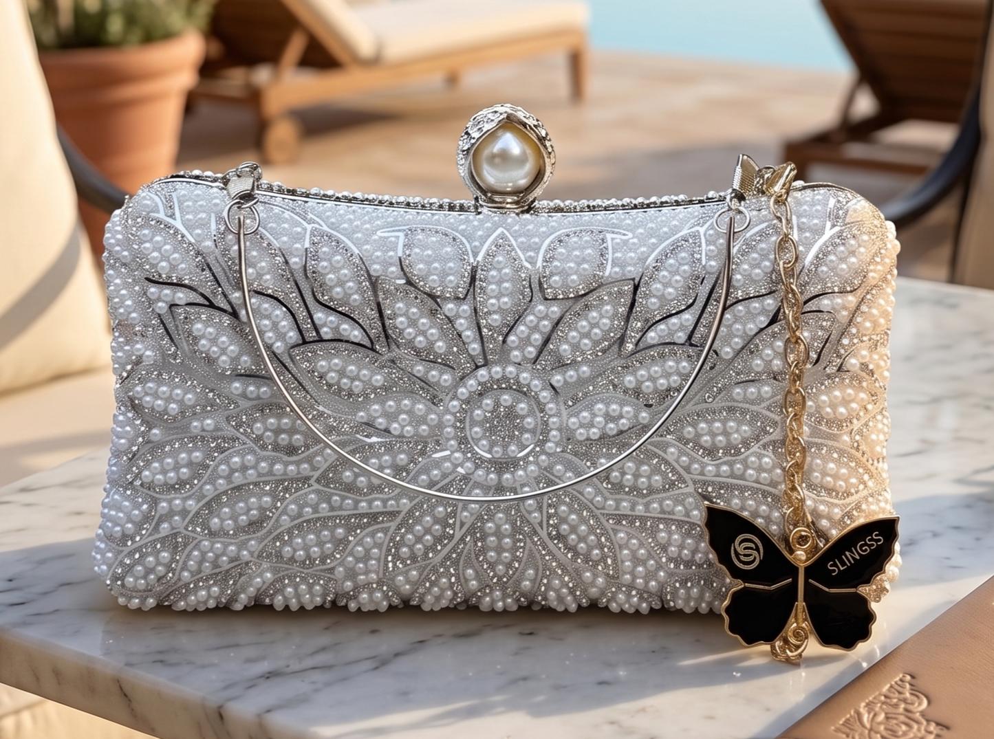 Slingss Exclusive Premium Partywear Pearl Embroidered Clutch For Ladies With Handle & Long Chain