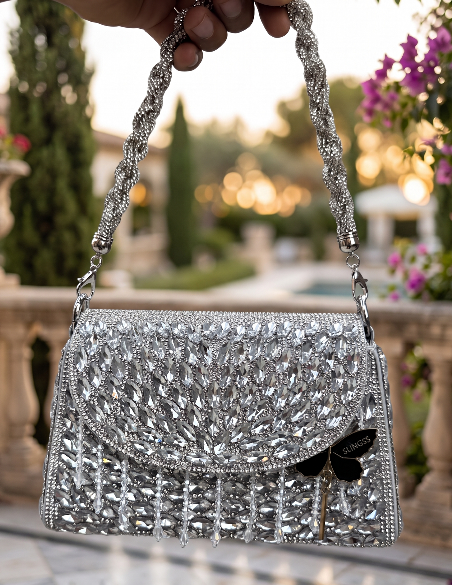 Slingss Luxury Range Exclusive Diamond Embroidered Partywear Handbag For Ladies With Handle & Long Chain