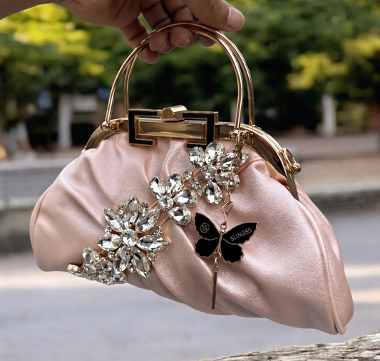 Slingss Luxury Range Diamond Embroidered Partywear handbag With Handle & Long Chain