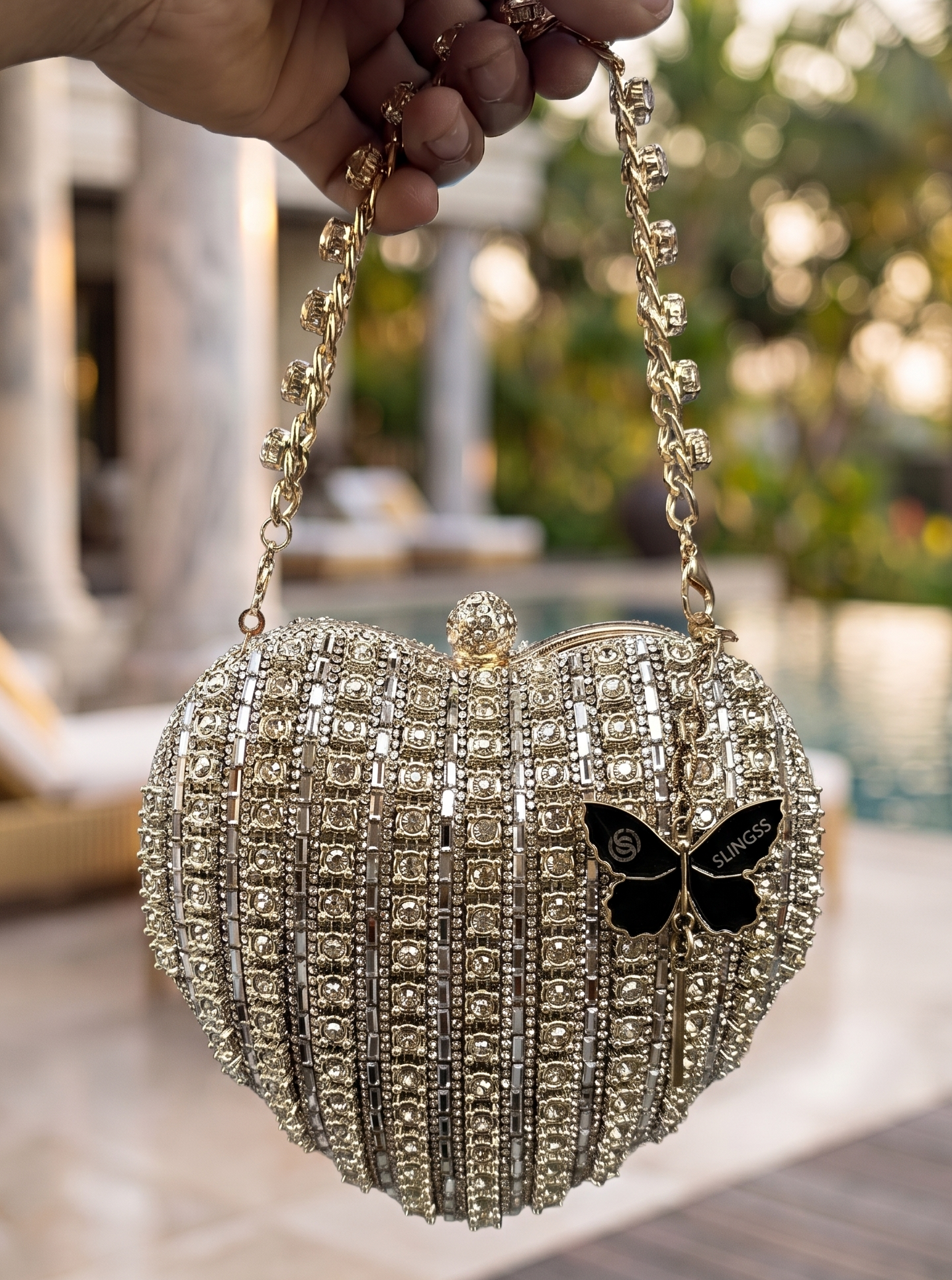 Slingss Exclusive Premium Heart Shape Partywear Diamond Embroidered Clutch For Ladies With Handle & Long Chain