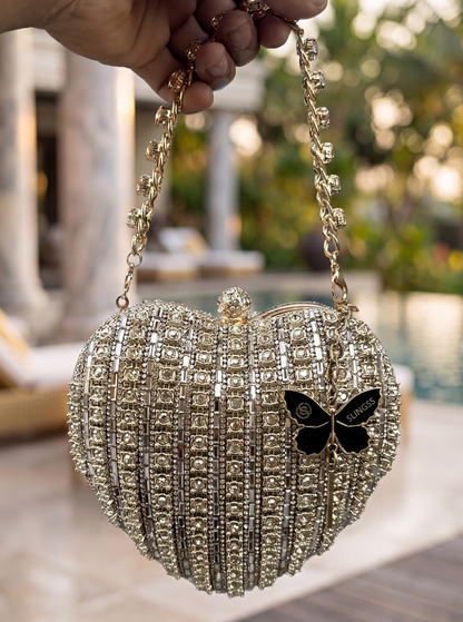 Slingss Exclusive Premium Heart Shape Partywear Diamond Embroidered Clutch For Ladies With Handle & Long Chain