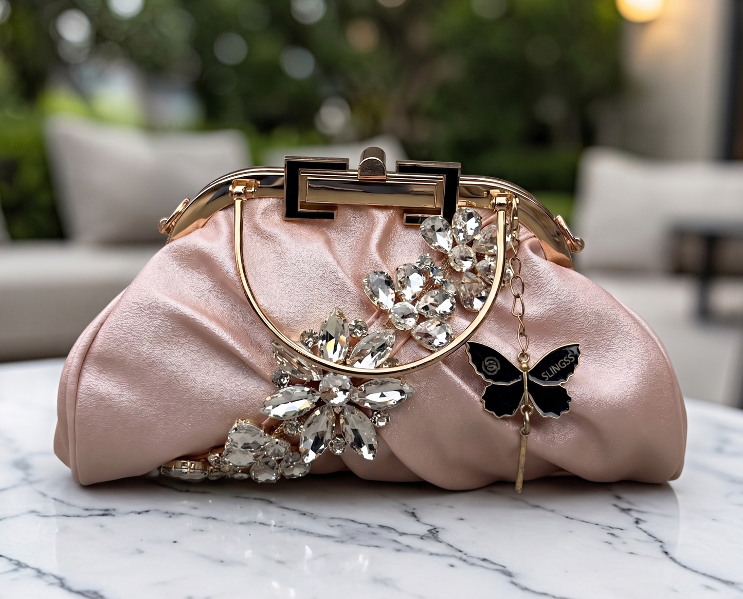 Slingss Luxury Range Diamond Embroidered Partywear handbag With Handle & Long Chain