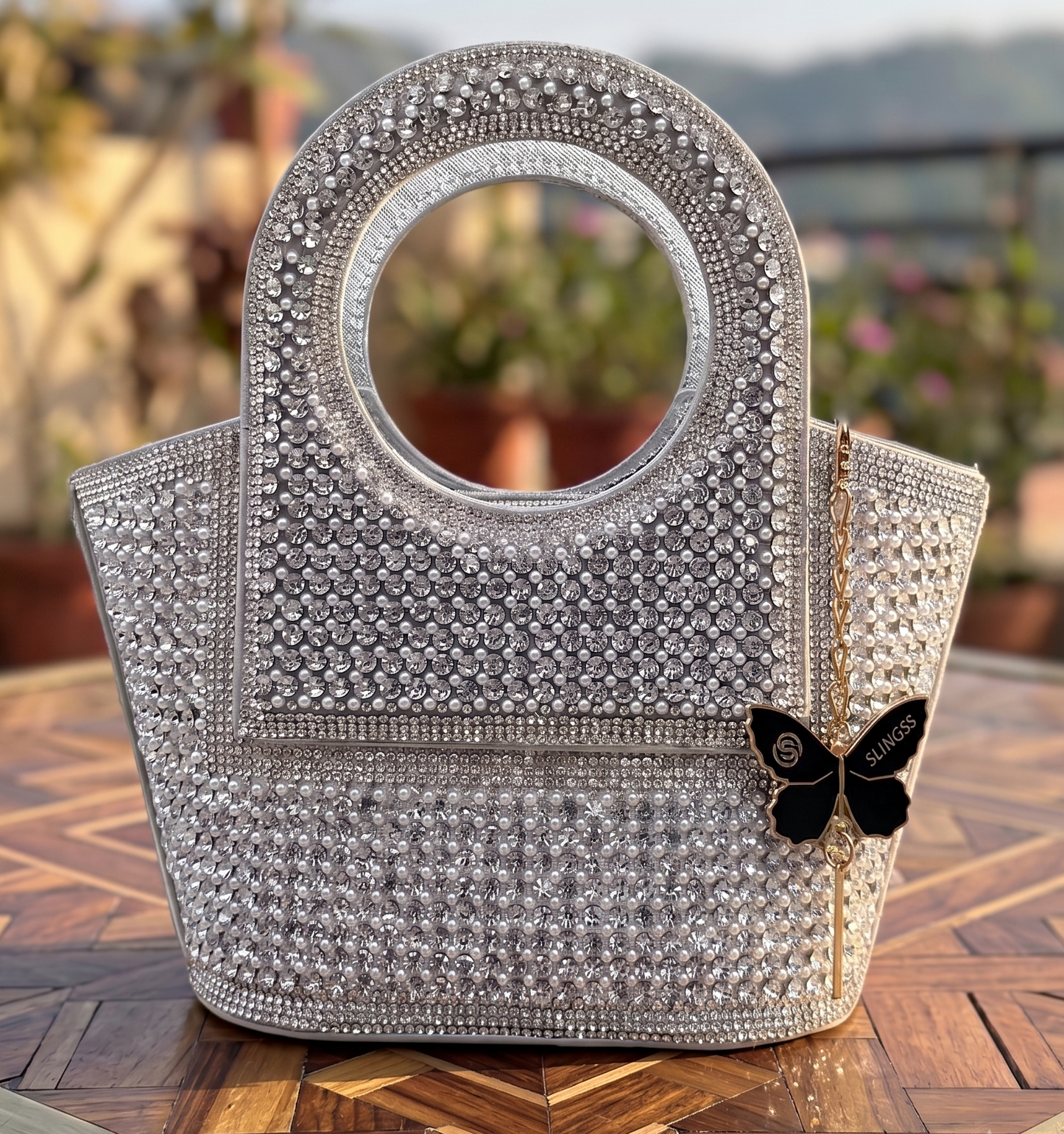 Slingss Luxury Range Exclusive Diamond Studded Partywear Basket Shaped handbag For Ladies With Long Chain