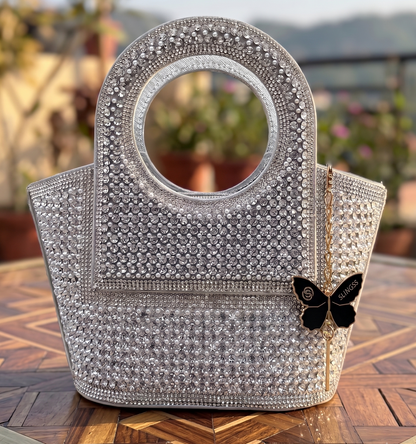 Slingss Luxury Range Exclusive Diamond Studded Partywear Basket Shaped handbag For Ladies With Long Chain