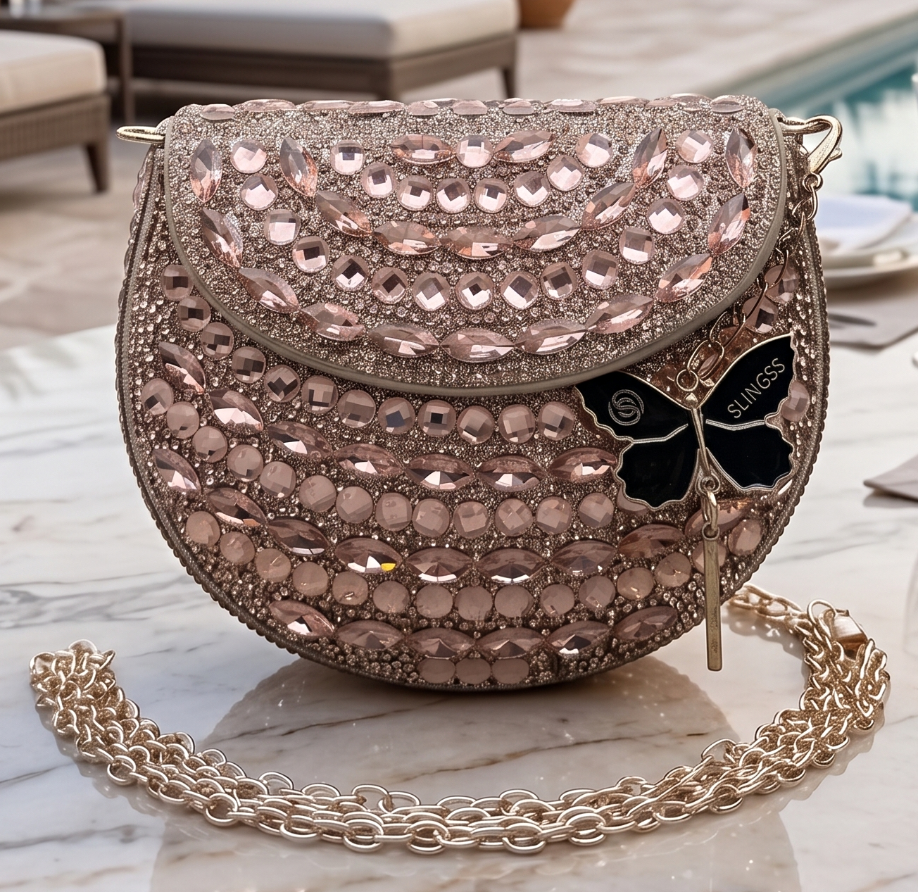 Slingss Luxury Range Small Size Diamond Embroidered Partywear Handbag For Ladies With Handle & Long Chain