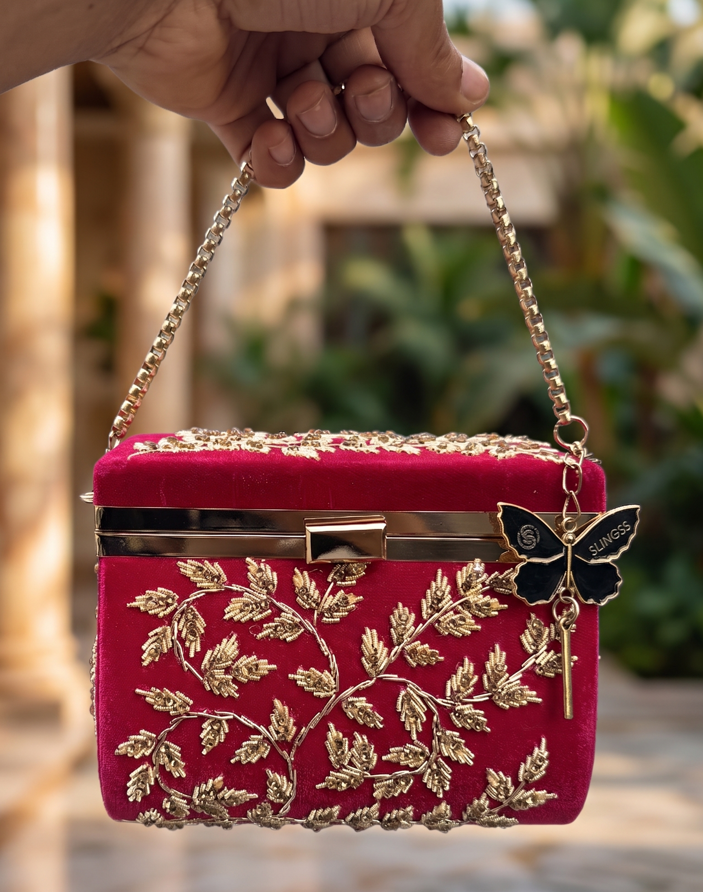 Slingss Luxury Range Boxy Embroidered Partywear Handbag For Ladies With Chain Handle And Belt
